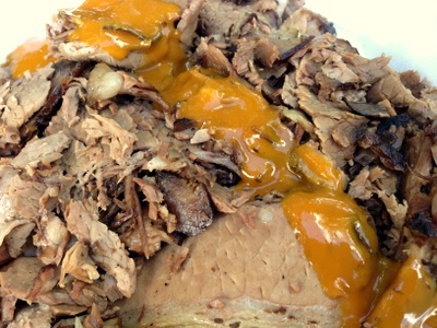 Beef brisket is sliced thin and served in sandwiches, in plates or by the pound.